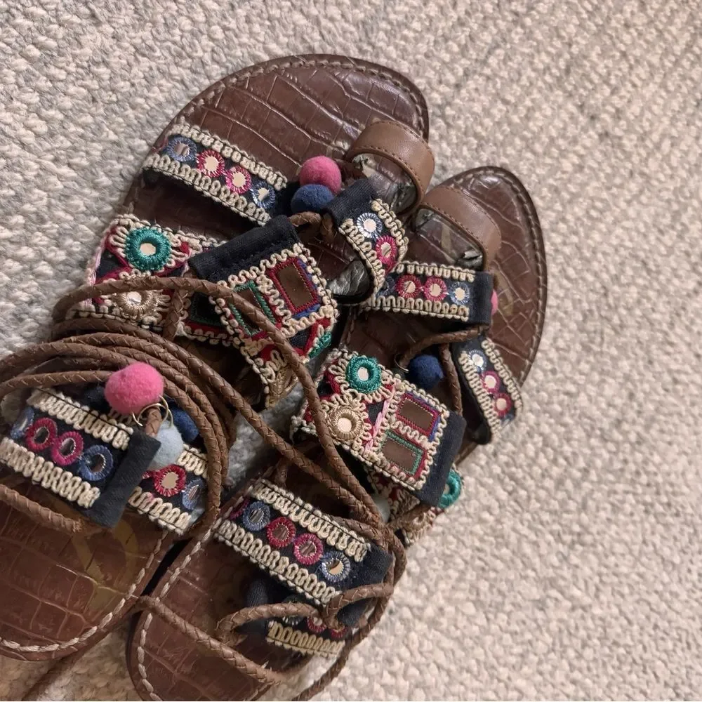 Sam Edelman Bohemian Embroidered Greek Leather Sandals with Pink Tassels